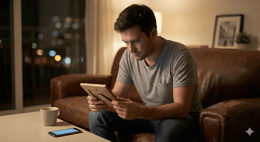 גבר יושב לבדו בסלון בלילה, מביט בגעגוע בתמונה ישנה ותוהה האם יש סיכוי שהאקסית שלו תחזור.