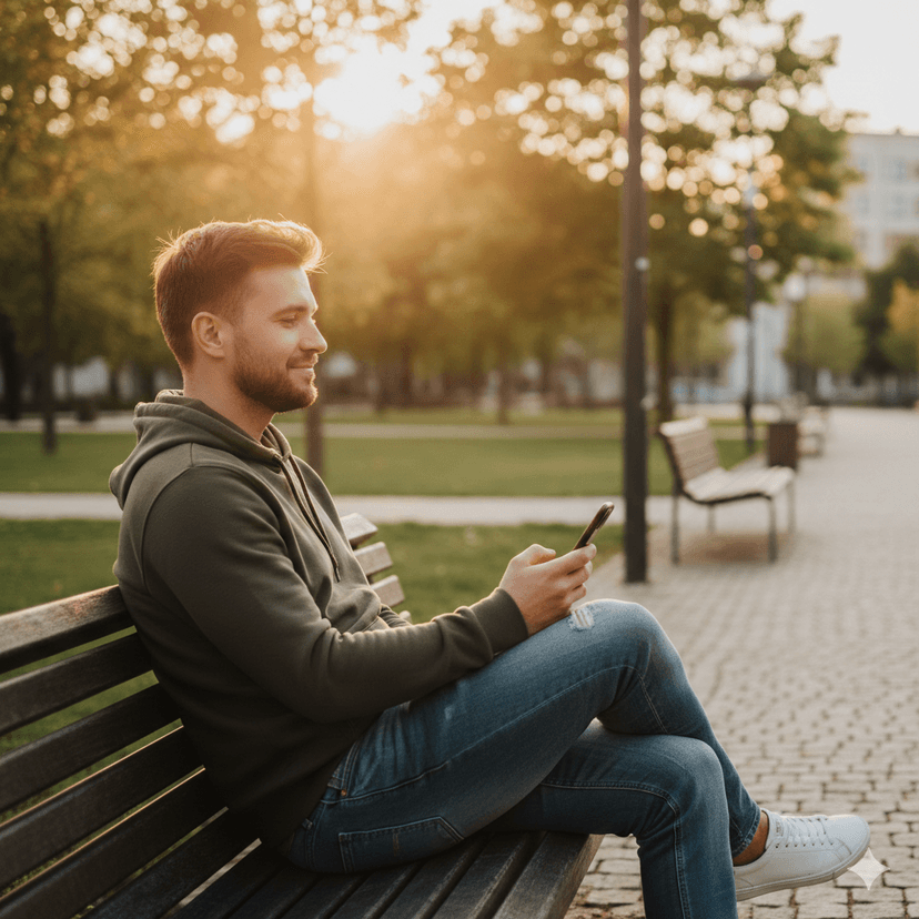גבר יושב על ספסל בפארק ומסתכל על הטלפון שלו בשלווה – שליחת הודעה ראשונה לאקסית אחרי פרידה