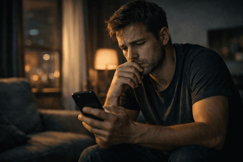 גבר יושב לבד בדירה ומסתכל על הטלפון בהיסוס אחרי פרידה מהאקסית