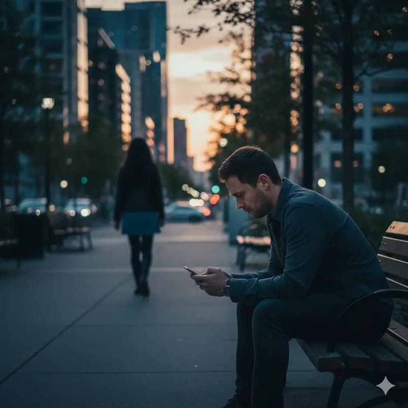 גבר יושב לבד על ספסל ומביט בטלפון בדאגה בזמן שאישה מתרחקת ברקע - המחשה להתרחקות אחרי פרידה