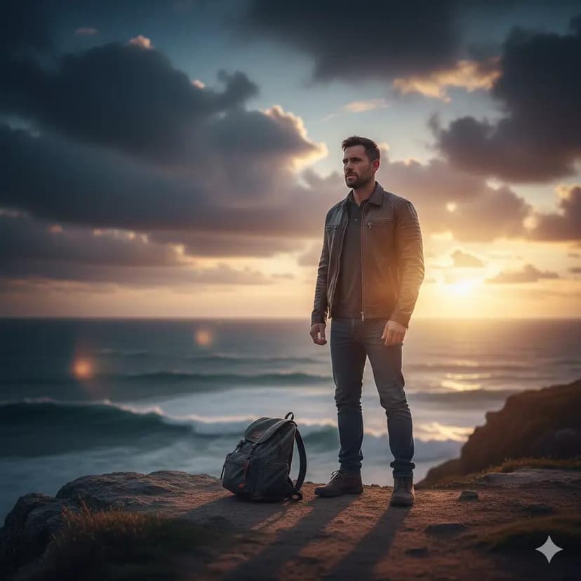 גבר עומד לבדו על צוק מול הים בשקיעה, מסמל התאוששות וחוסן נפשי אחרי פרידה.